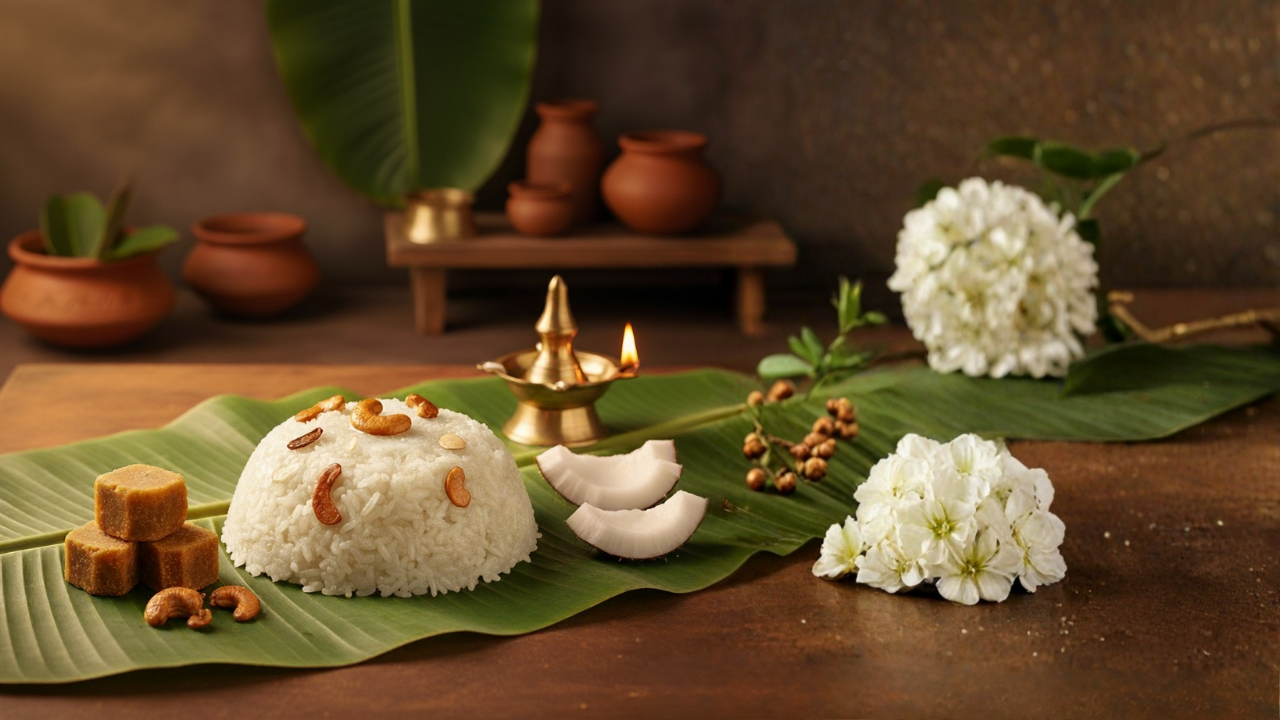 Achu Vellam Pacharisi Rice (sweet rice with jaggery) served on a banana leaf, garnished with ghee and roasted cashews, with jaggery blocks and a brass lamp in the background, creating a warm traditional Tamil festive atmosphere.
