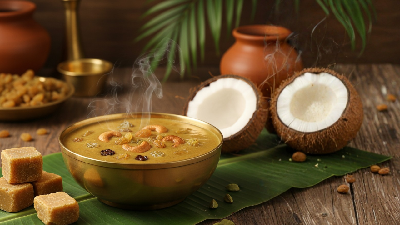 A steaming bowl of Achu Vellam Payasam (jaggery sweet pudding) garnished with roasted cashews and raisins, served on a banana leaf with a traditional Tamil kitchen backdrop and warm golden lighting.