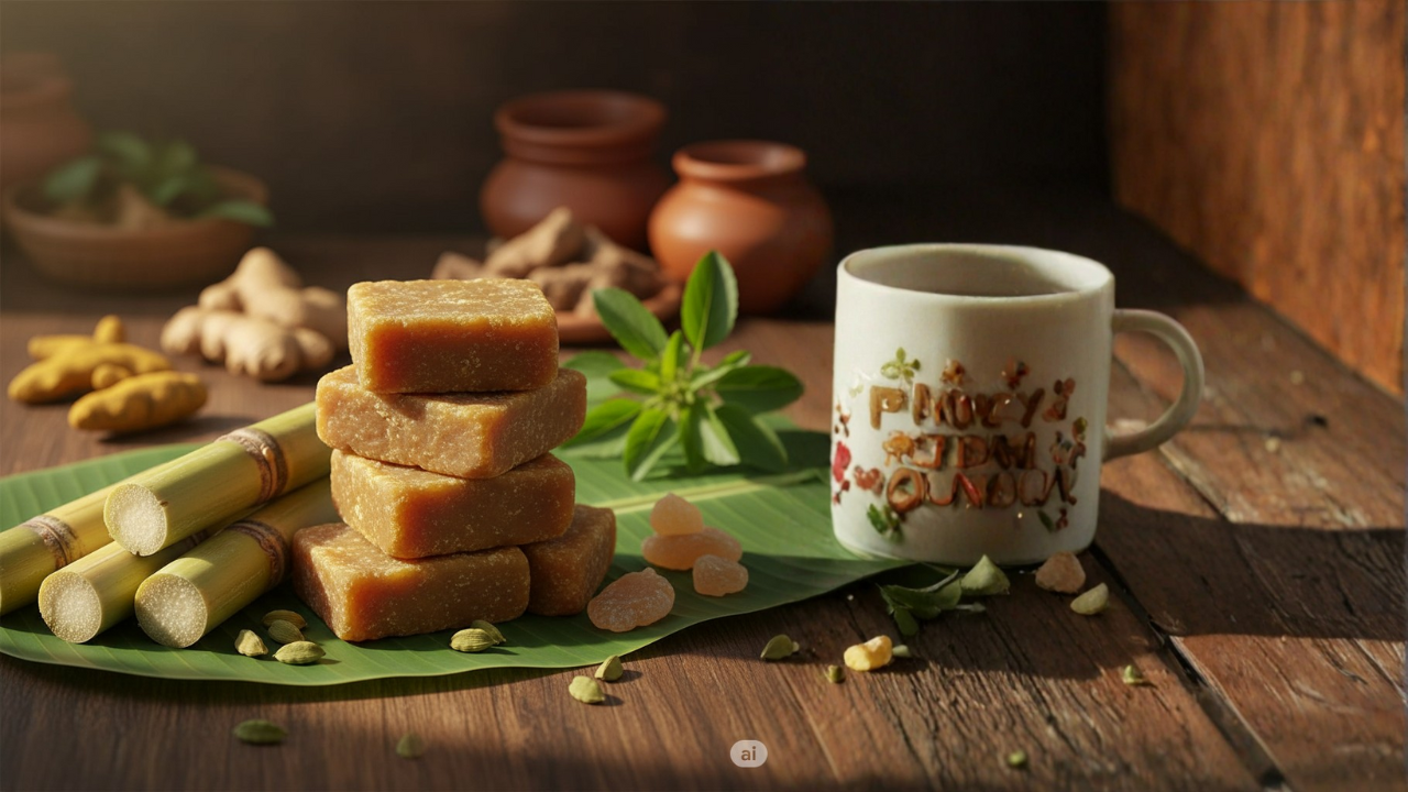 Close-up of Achu Vellam (jaggery blocks) on a banana leaf with natural ingredients like sugarcane, palm sap, turmeric, and tulsi leaves around, highlighting the natural health benefits and organic purity of traditional Tamil jaggery.