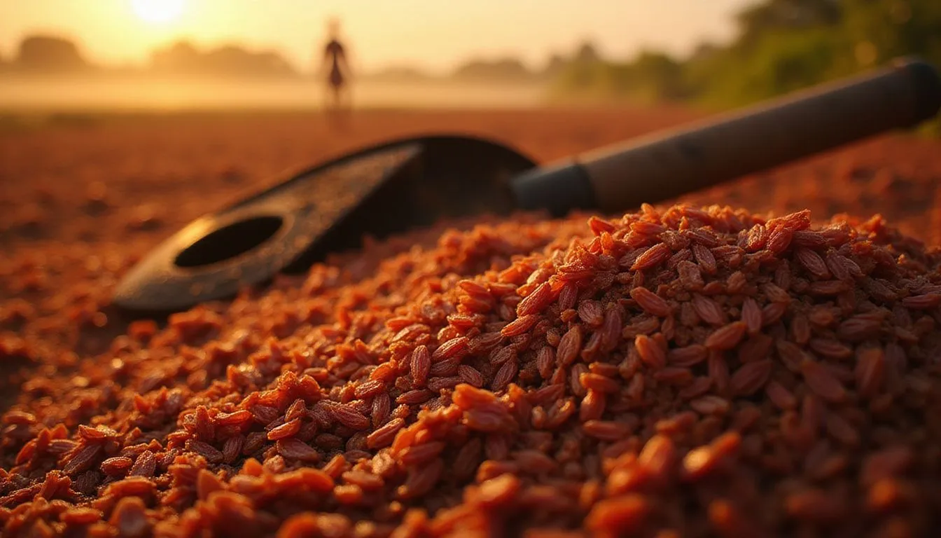 Organic Mapillai Samba rice grains in a bowl – traditional red rice rich in nutrients and minerals
Close-up of Mapillai Samba rice showing its natural red color and texture
Mapillai Samba rice, a traditional Tamil Nadu red rice variety known for strength and vitality