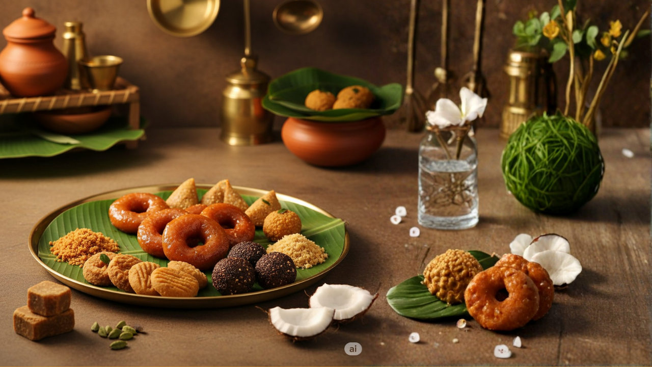 A festive platter of traditional Tamil sweets made with Achu Vellam (jaggery), including Adhirasam, Kozhukattai, Ellu Urundai, and Aval Vellam, arranged on a banana leaf with brass utensils and warm golden lighting, showcasing authentic South Indian festive treats.
