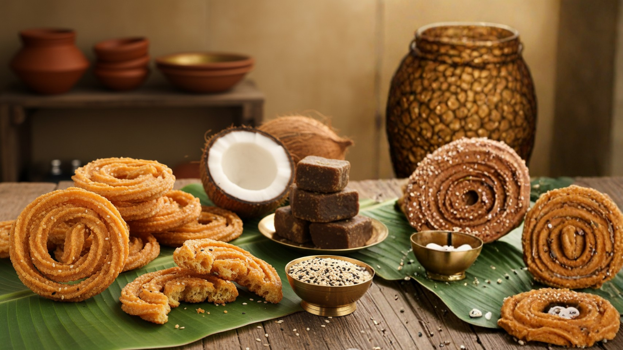 Golden-brown Vellam Achu Murukku (sweet jaggery murukku) arranged on a banana leaf, with jaggery blocks and a brass bowl of sesame seeds in a traditional Tamil kitchen setting, highlighting its crispy texture and festive appeal.