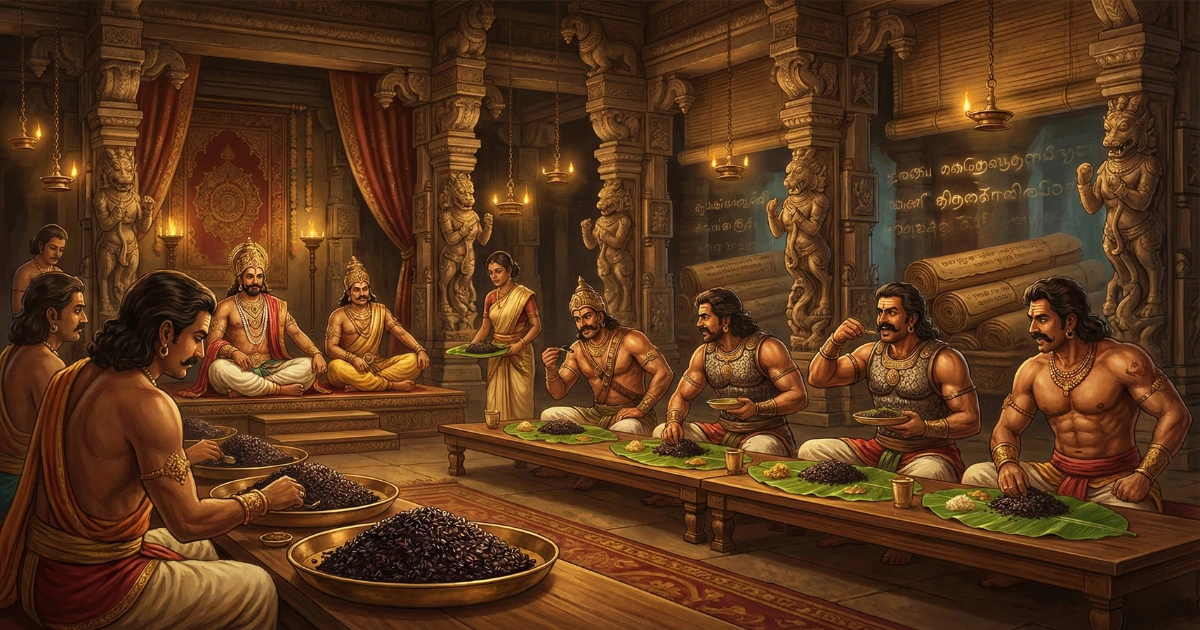 Ancient Tamil kings and warriors consuming Karuppu Kavuni rice, known historically as king’s rice for strength and endurance.