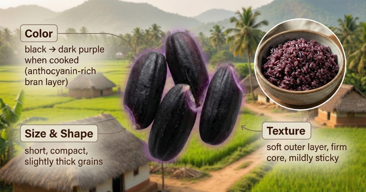 Karuppu Kavuni rice used in traditional temple offerings and village meals, highlighting Tamil Nadu food culture and heritage rituals.