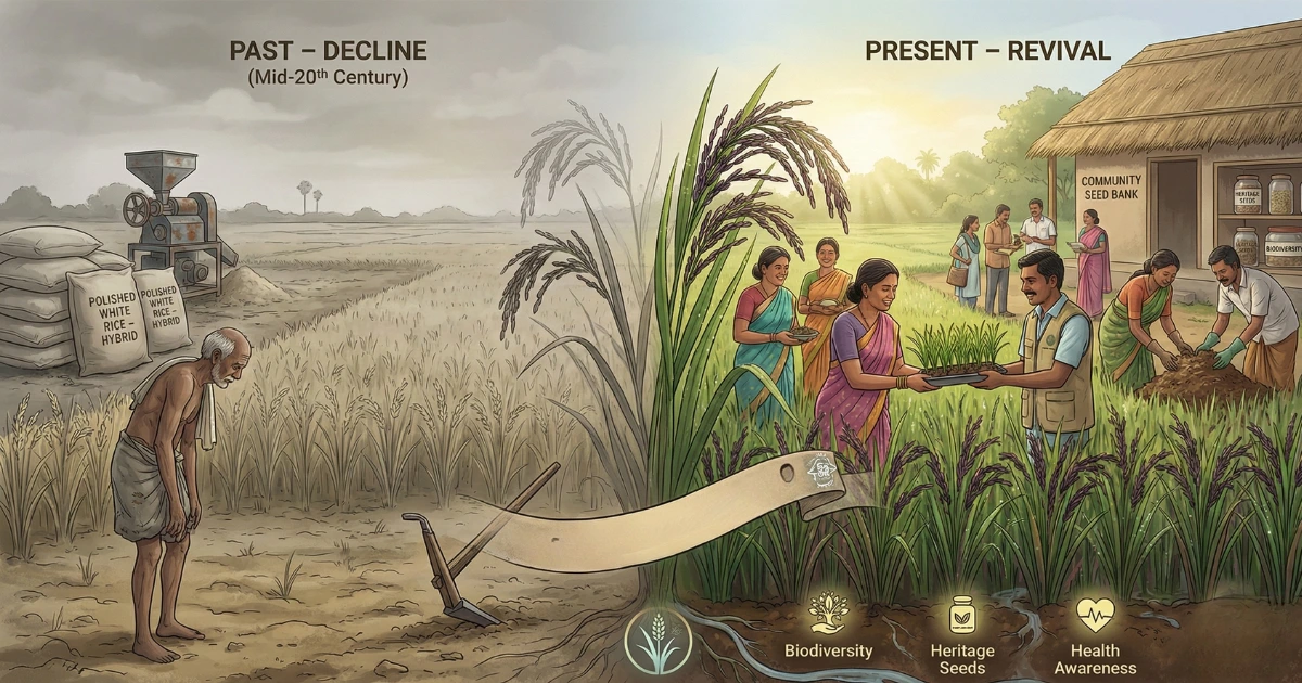 Revival of Karuppu Kavuni rice in Tamil Nadu showing shift from hybrid rice decline to heritage seed conservation and community farming.