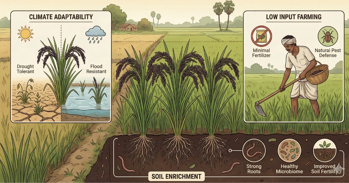 Traditional Karuppu Kavuni rice cultivation showing strong roots, healthy soil microbes, climate adaptability, and low input natural farming in Tamil Nadu.