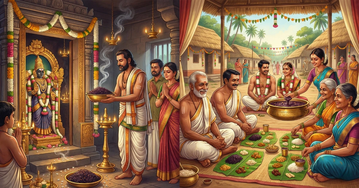 Karuppu Kavuni rice used in traditional temple offerings and village meals, highlighting Tamil Nadu food culture and heritage rituals.