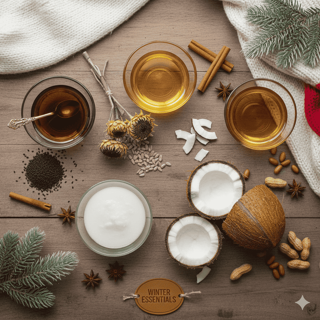 Nature’s winter shield: A selection of nutrient-dense cold-pressed oils—Sesame, Sunflower, Coconut, and Groundnut—perfect for seasonal wellness and comfort cooking.